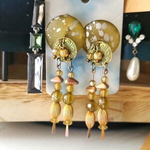 Vintage Beaded Dangle Earrings - Gold and Green